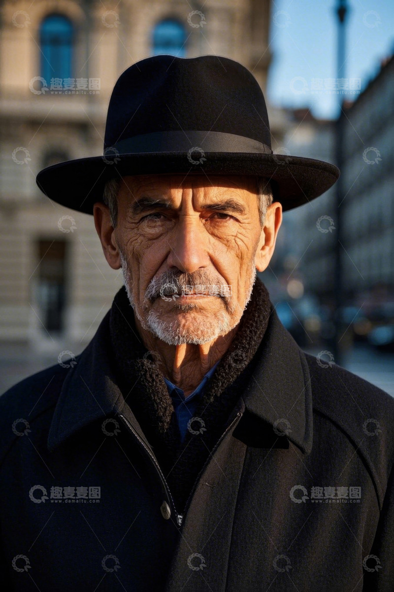 高清大图下载【趣麦麦图】一位戴着黑帽子的老年男子肖像