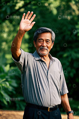一位老人在公园挥手告别