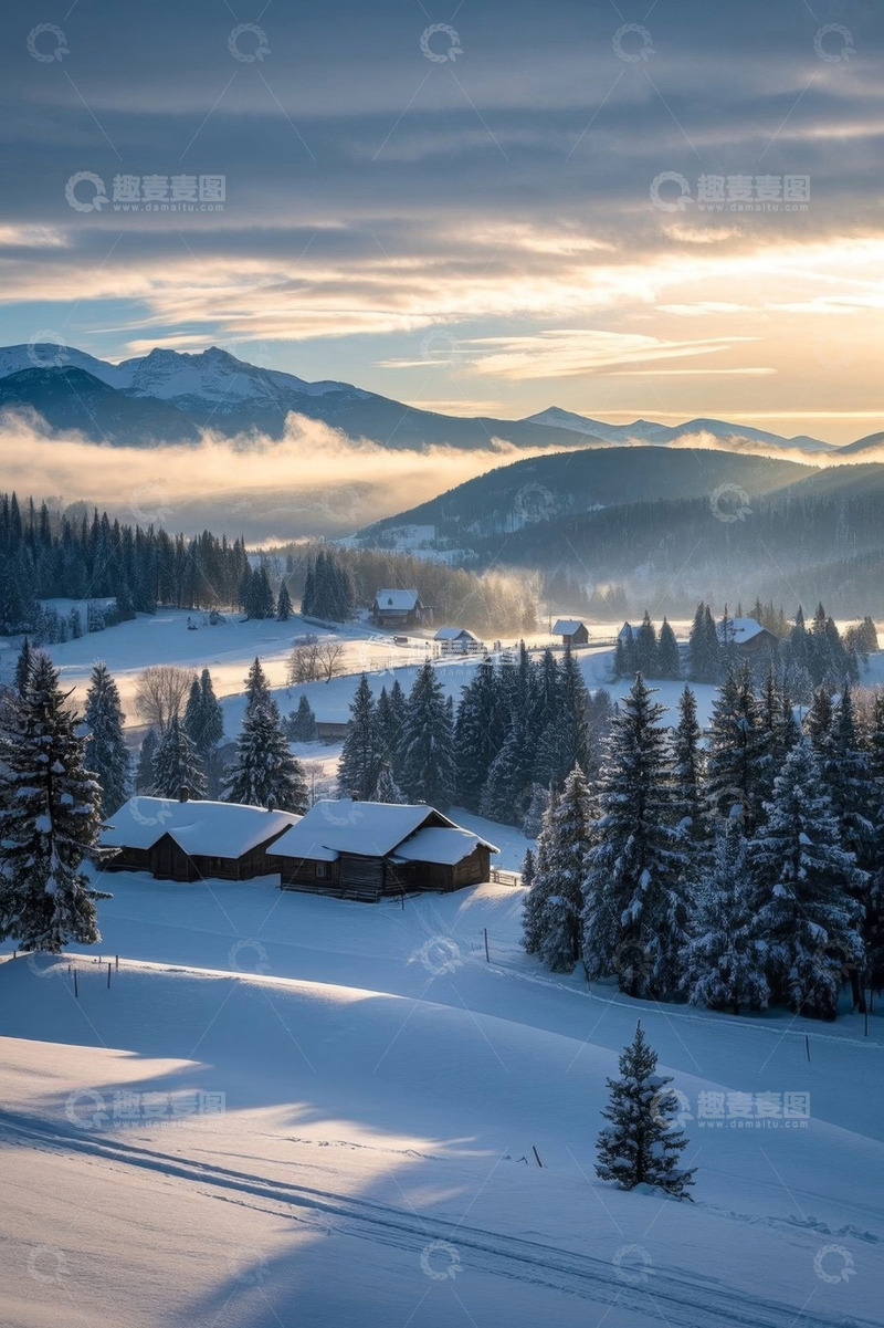 高清大图下载【趣麦麦图】雪后山林中的木屋景观