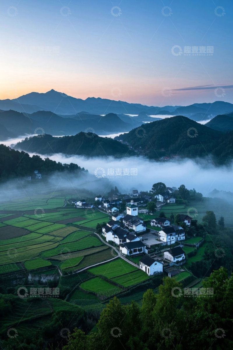 高清大图下载【趣麦麦图】山村田园晨景俯瞰