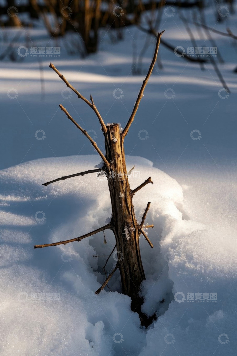 高清大图下载【趣麦麦图】雪地中的枯树枝特写