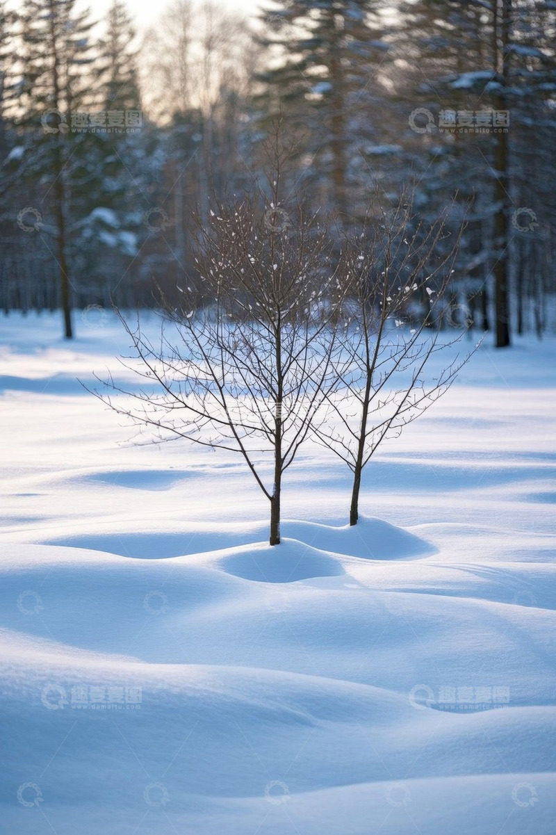 高清大图下载【趣麦麦图】雪地中两棵树木的冬日景象