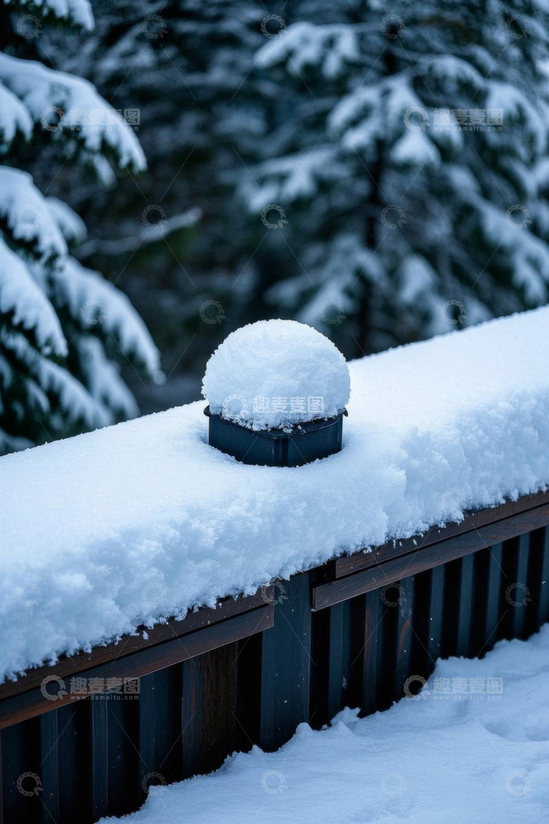 高清大图下载【趣麦麦图】积雪覆盖的栏杆与雪覆树木景观