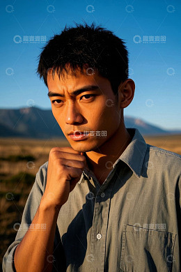 阳光下沉思的年轻男子