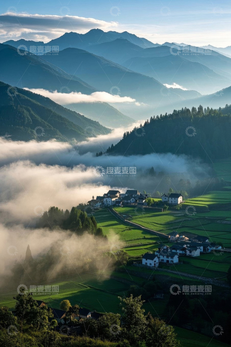 高清大图下载【趣麦麦图】山间云雾缭绕的村庄风景