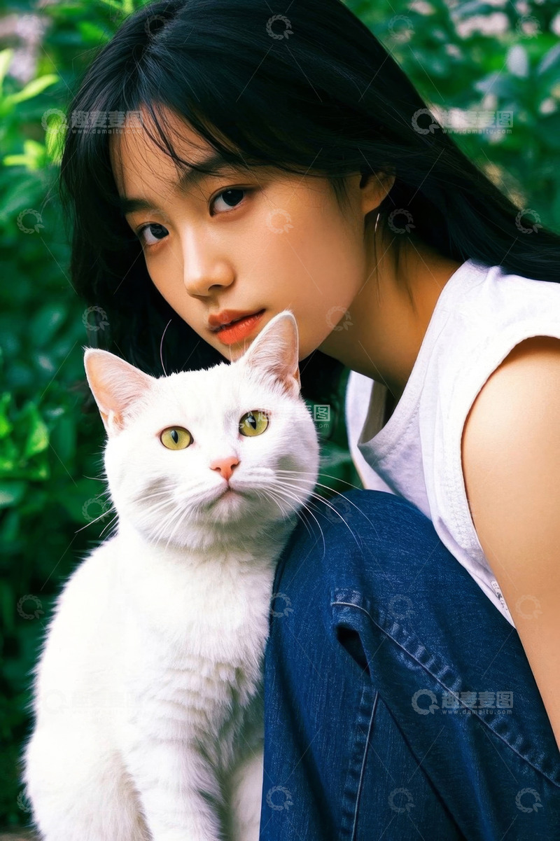 高清大图下载【趣麦麦图】少女与白猫的温柔瞬间