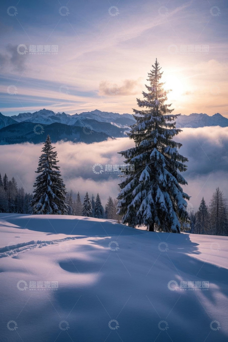 高清大图下载【趣麦麦图】雪山雪景中挺拔的雪覆盖松树