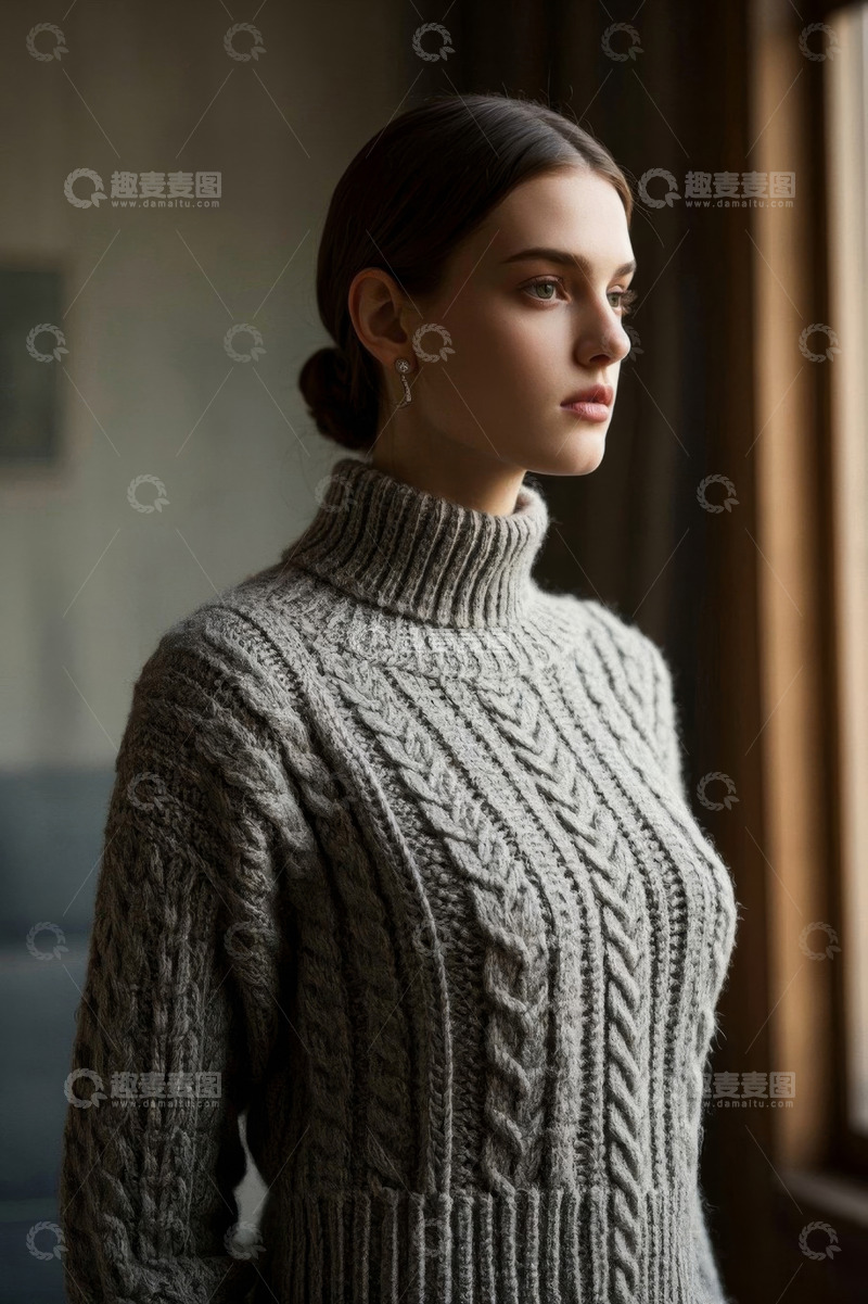 高清大图下载【趣麦麦图】女子身穿灰色毛衣凝望窗外
