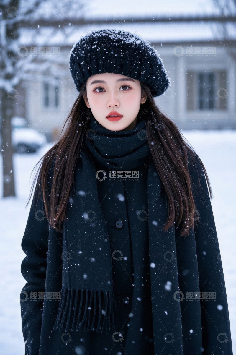 高清大图下载【趣麦麦图】冬日雪景中一位美丽的年轻女子