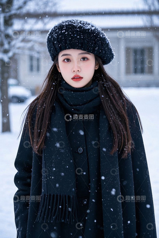 冬日雪景中一位美丽的年轻女子