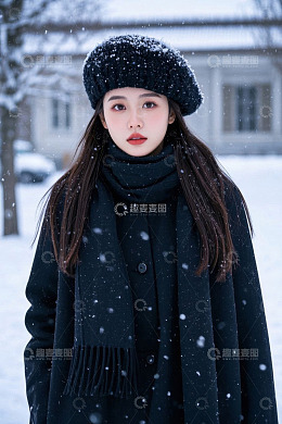 冬日雪景中一位美丽的年轻女子