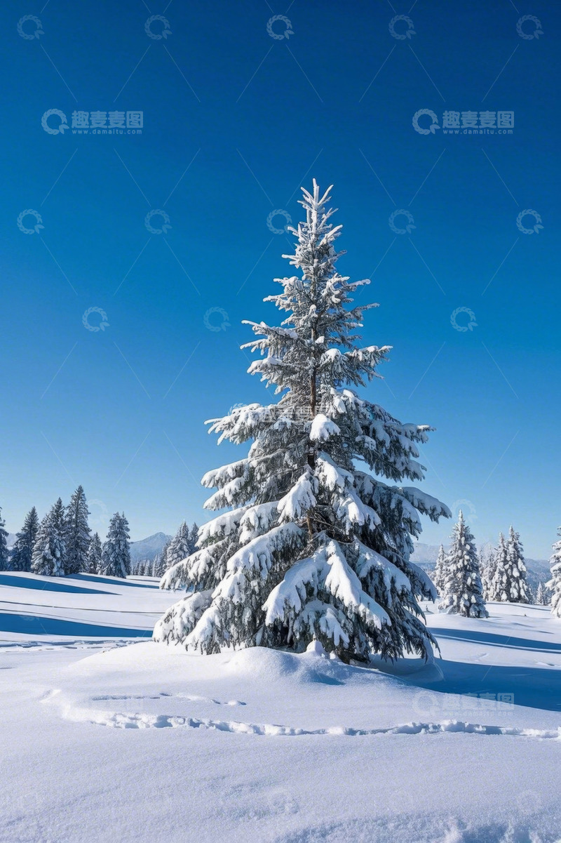 高清大图下载【趣麦麦图】雪覆盖的松树与雪地风光