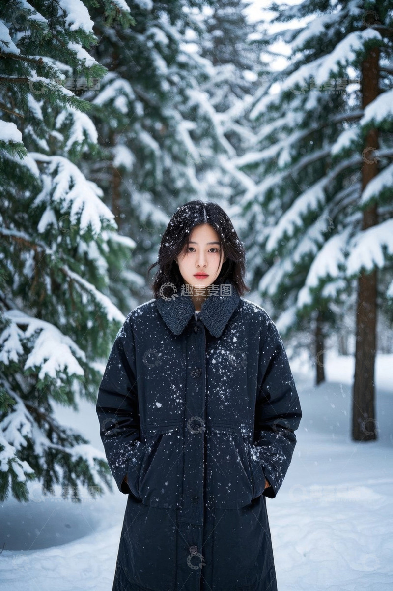 高清大图下载【趣麦麦图】冬日雪景中年轻女子肖像