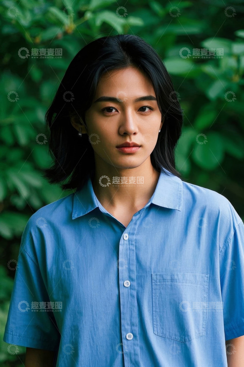 高清大图下载【趣麦麦图】蓝衬衫女子户外写真绿叶背景