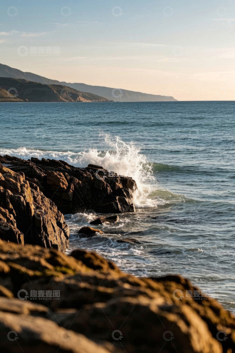 高清大图下载【趣麦麦图】海浪拍打岸边岩石的自然景观