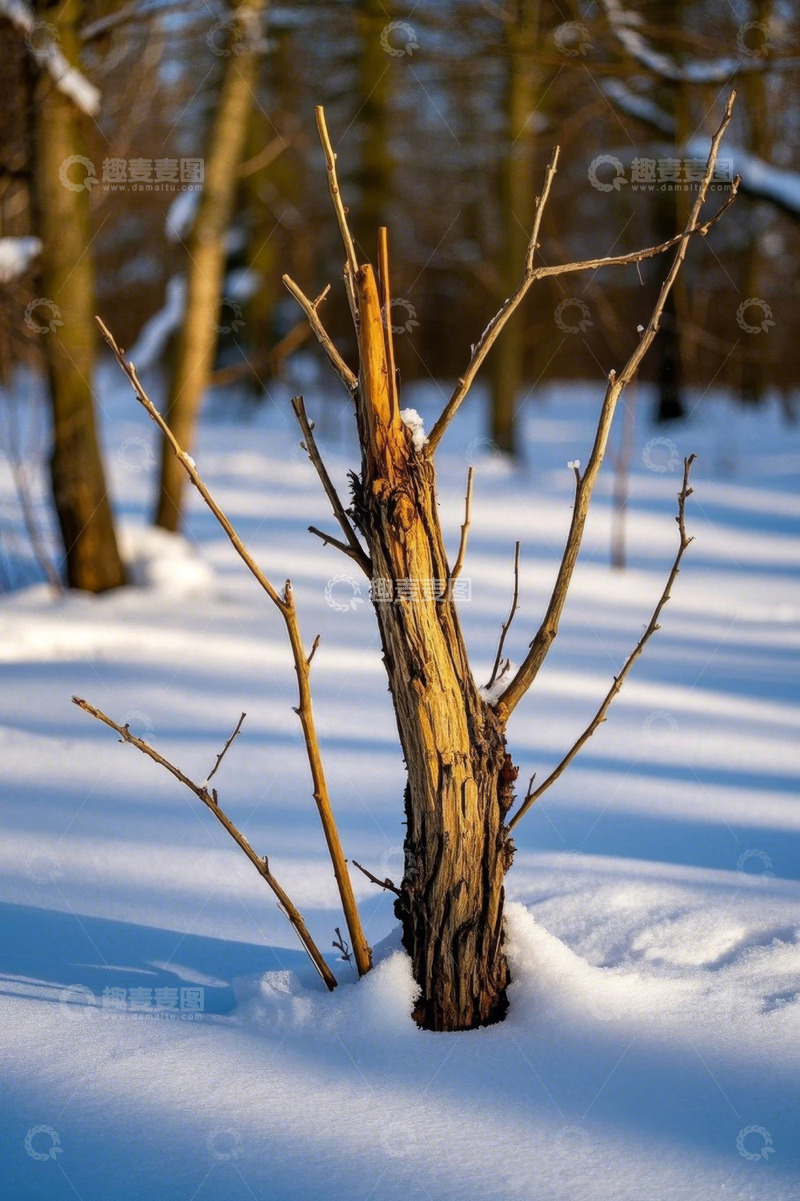 高清大图下载【趣麦麦图】雪地中枯树桩的自然景象