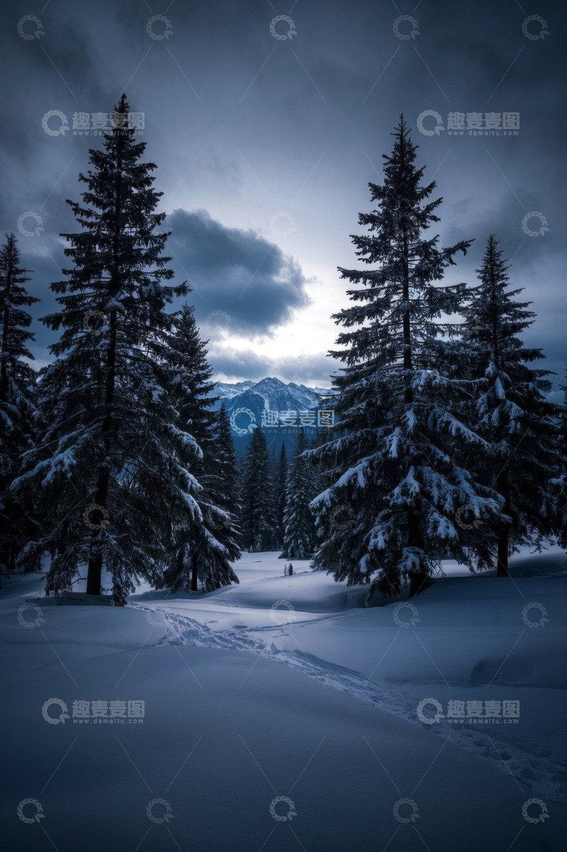 高清大图下载【趣麦麦图】雪后森林与远处山峦风景