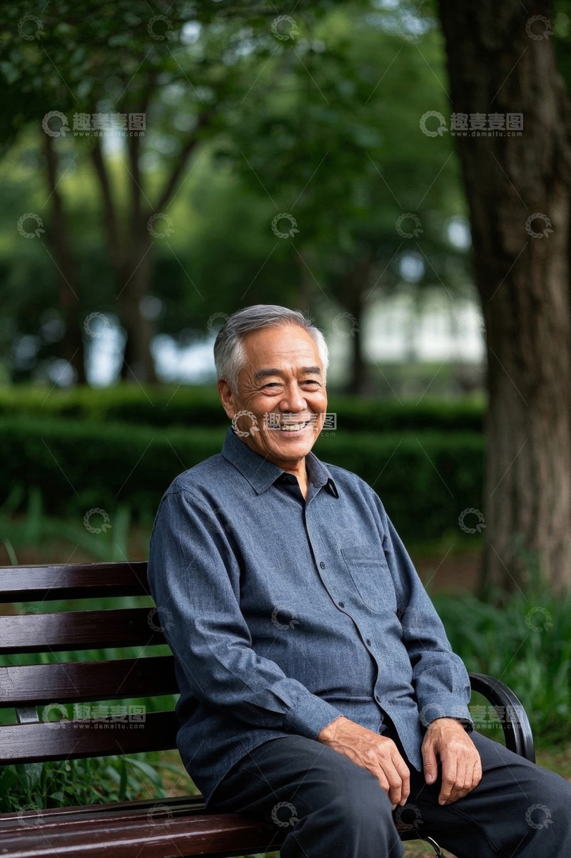 高清大图下载【趣麦麦图】公园长椅上微笑的老年男子
