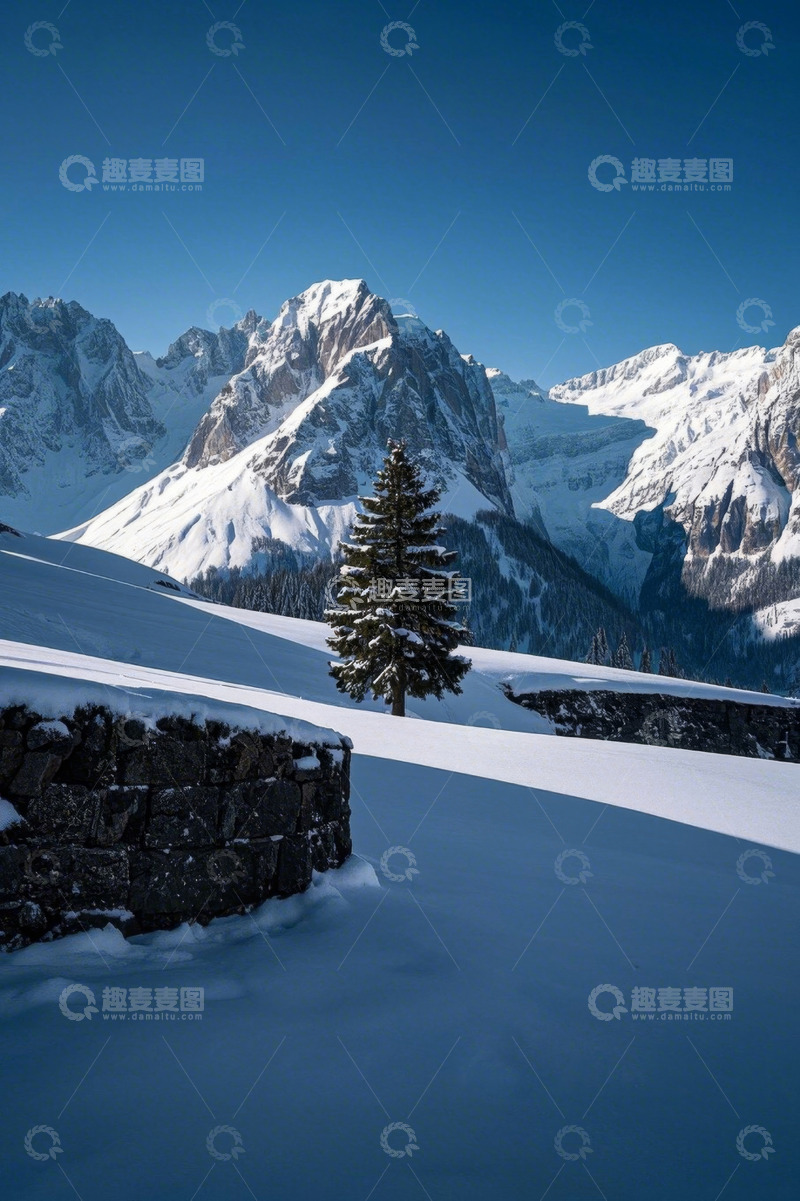 高清大图下载【趣麦麦图】雪山下的雪地与孤树景观
