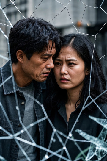 破碎玻璃后的忧郁情侣