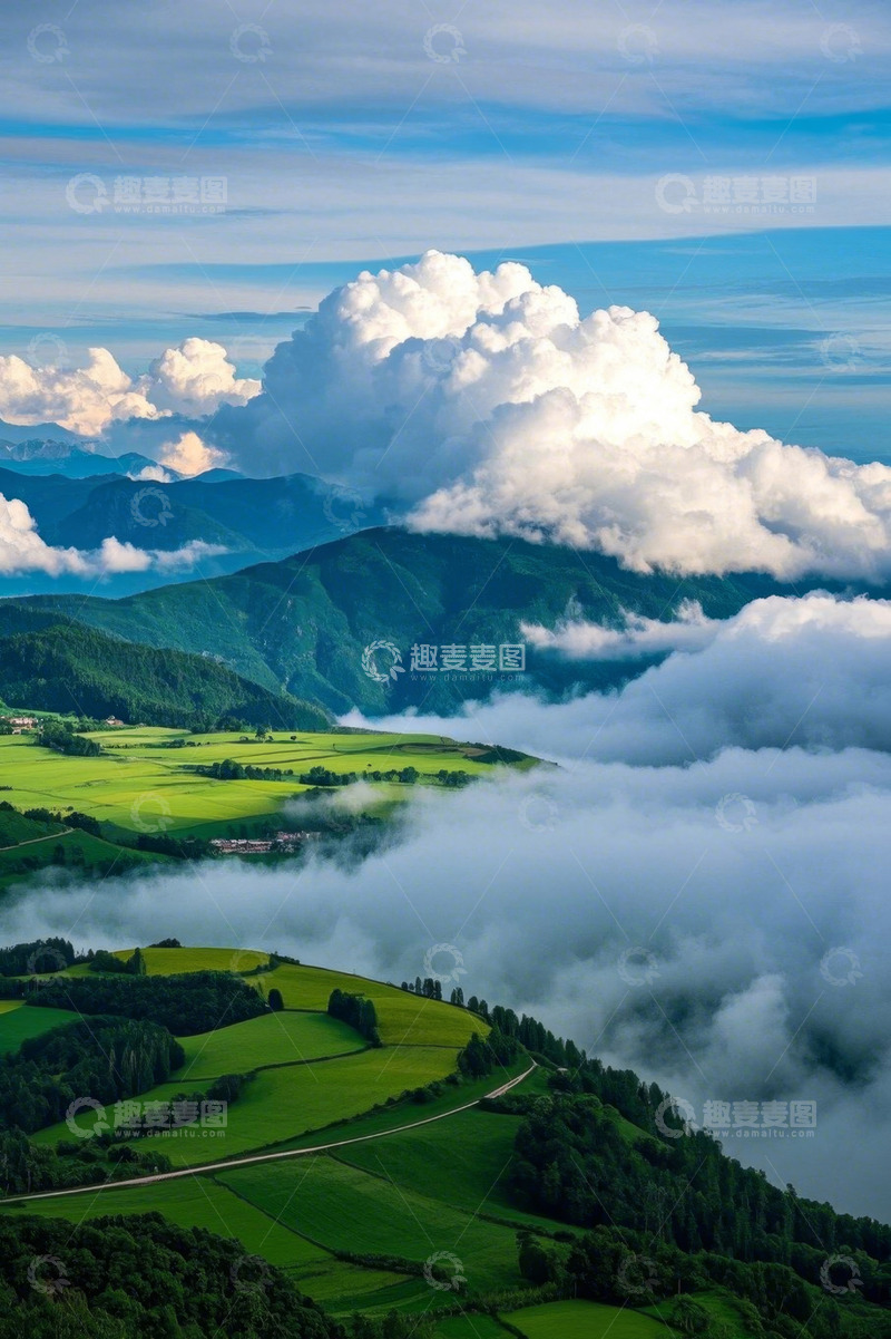 高清大图下载【趣麦麦图】山峦云海间的绿色田园风光