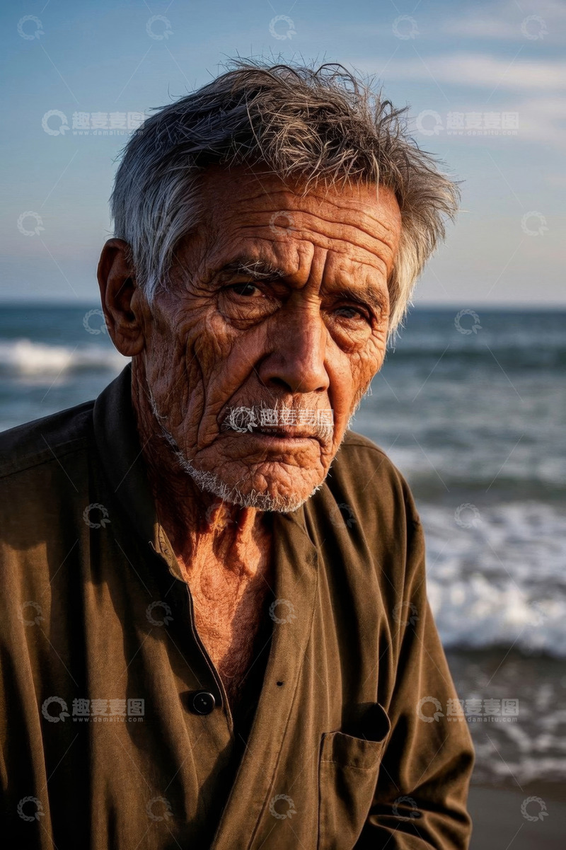 高清大图下载【趣麦麦图】沧桑老者海边凝望远方