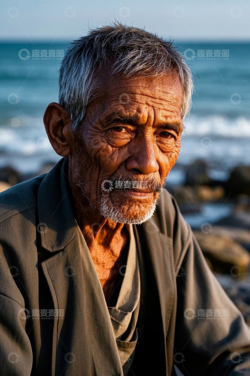 高清大图下载【趣麦麦图】沧桑老者海边凝视远方
