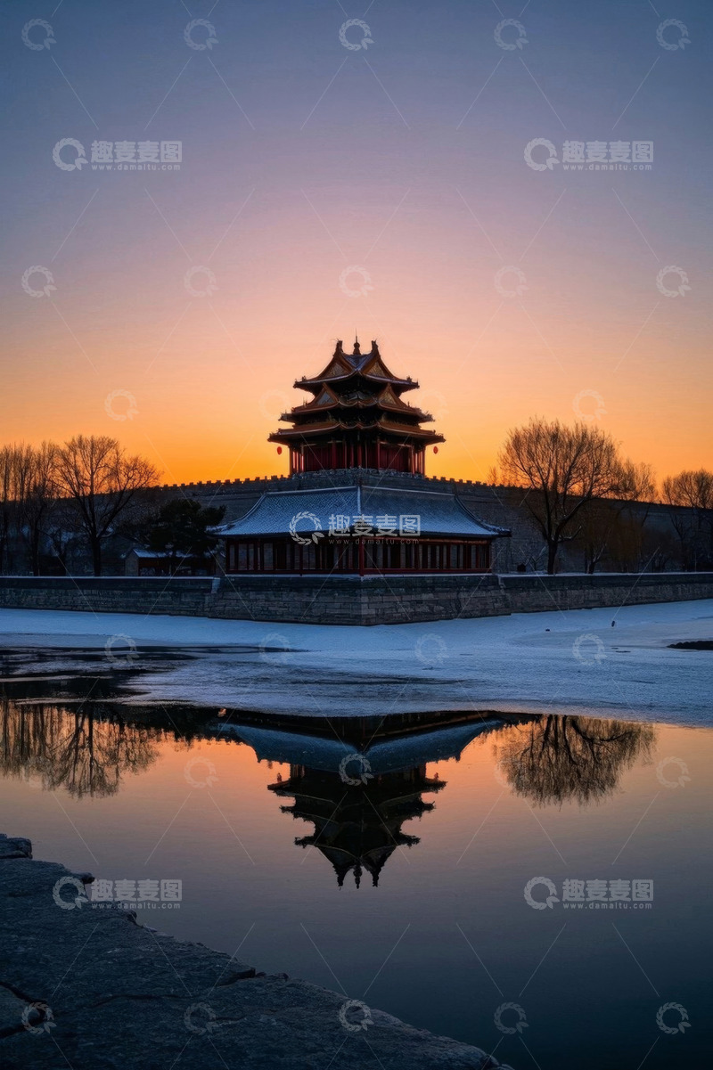 高清大图下载【趣麦麦图】故宫角楼雪景黄昏倒影