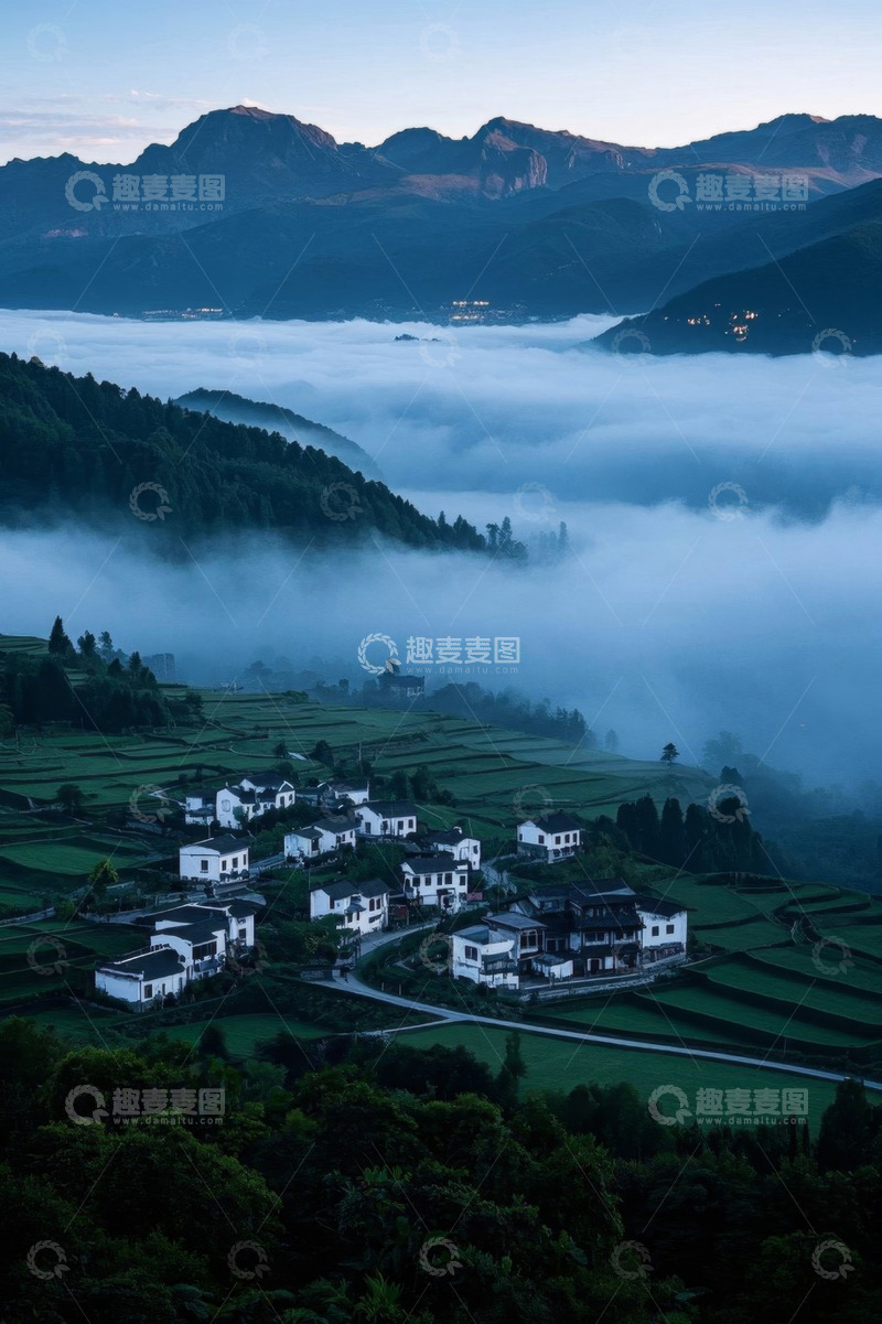 高清大图下载【趣麦麦图】山间村落云海环绕风景