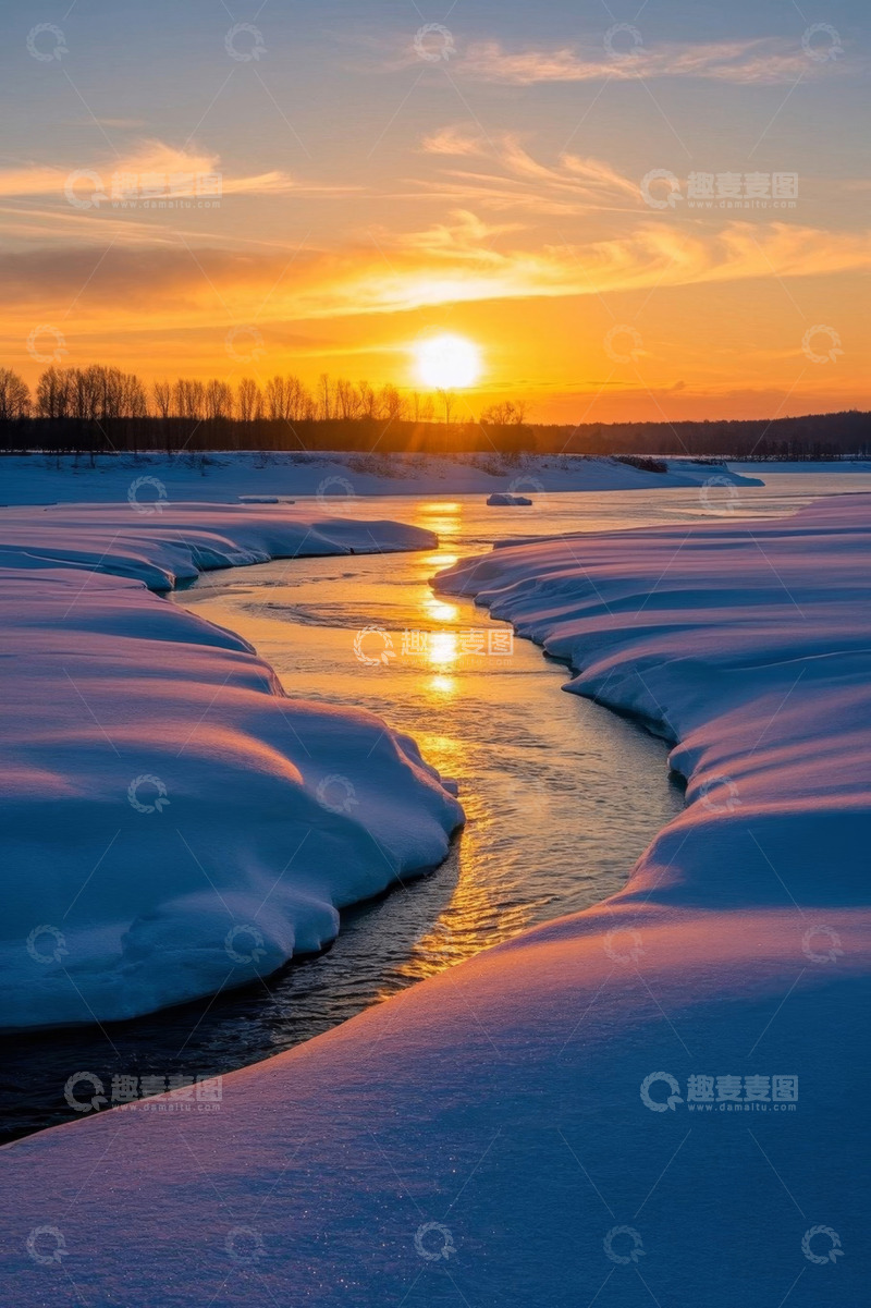 高清大图下载【趣麦麦图】冬日河流夕阳雪景