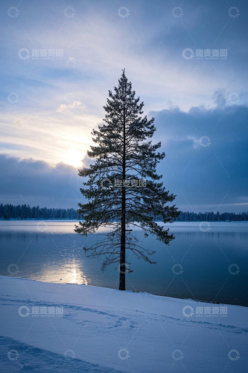 高清大图下载【趣麦麦图】雪后湖边单棵松树自然风景