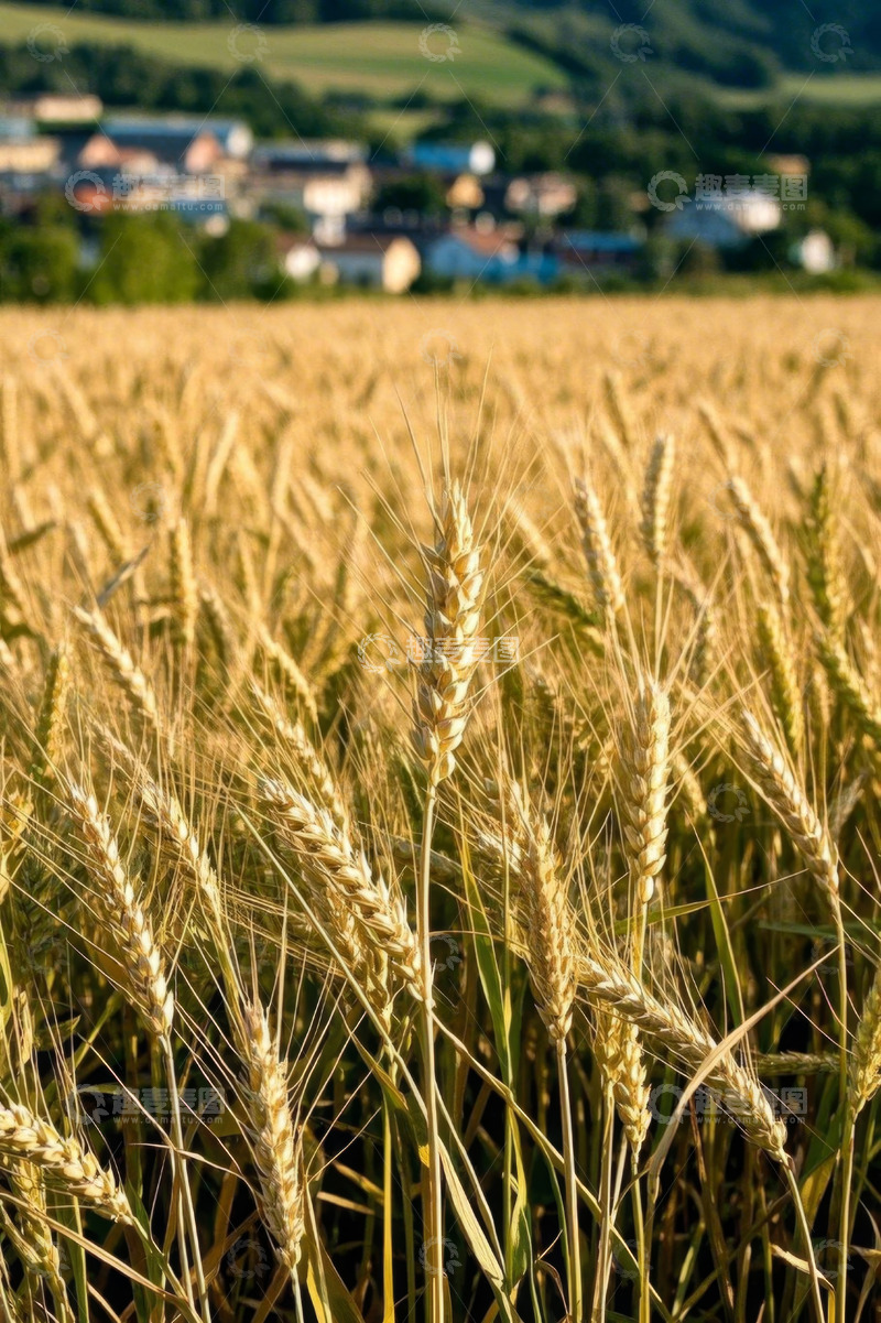 高清大图下载【趣麦麦图】金黄麦田与远处村庄景观