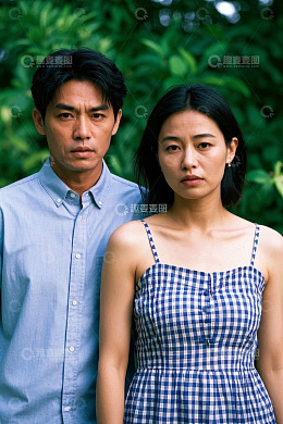 情侣在绿叶背景下深情对望