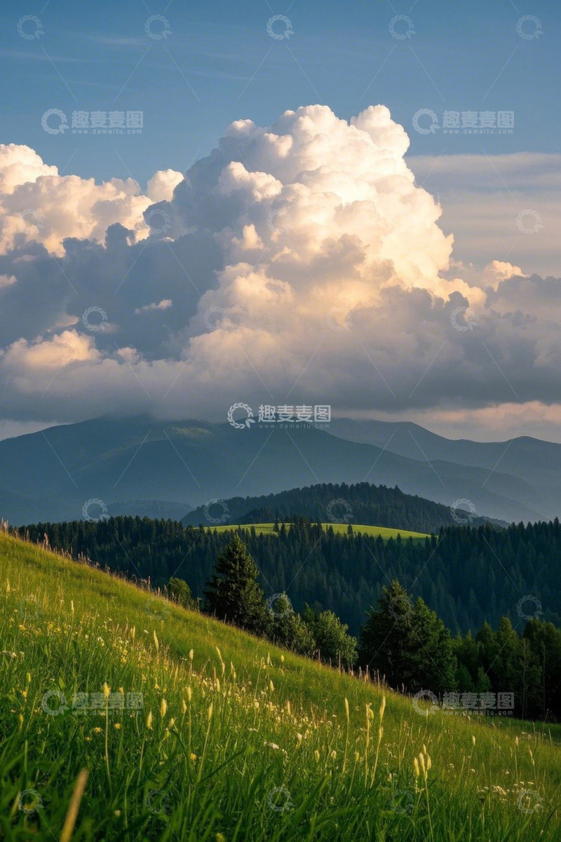 高清大图下载【趣麦麦图】山坡森林与天空云朵风景