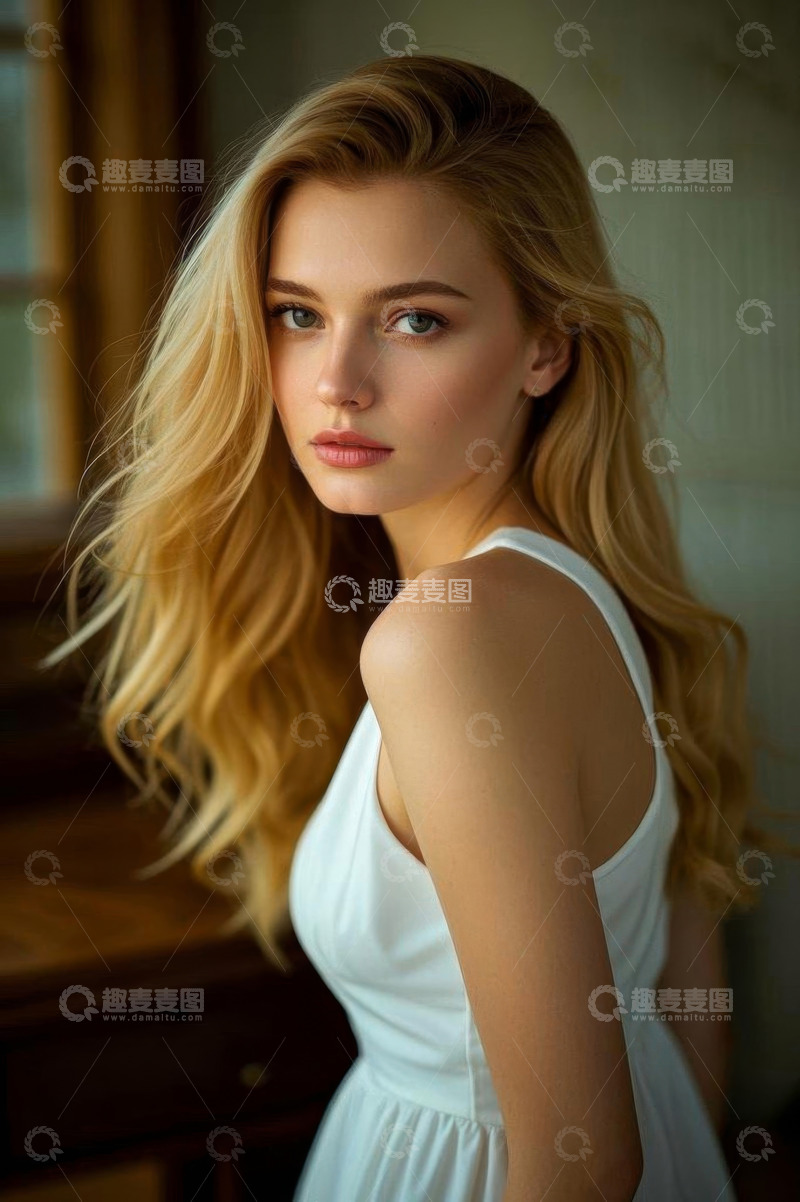 高清大图下载【趣麦麦图】金发女子室内肖像