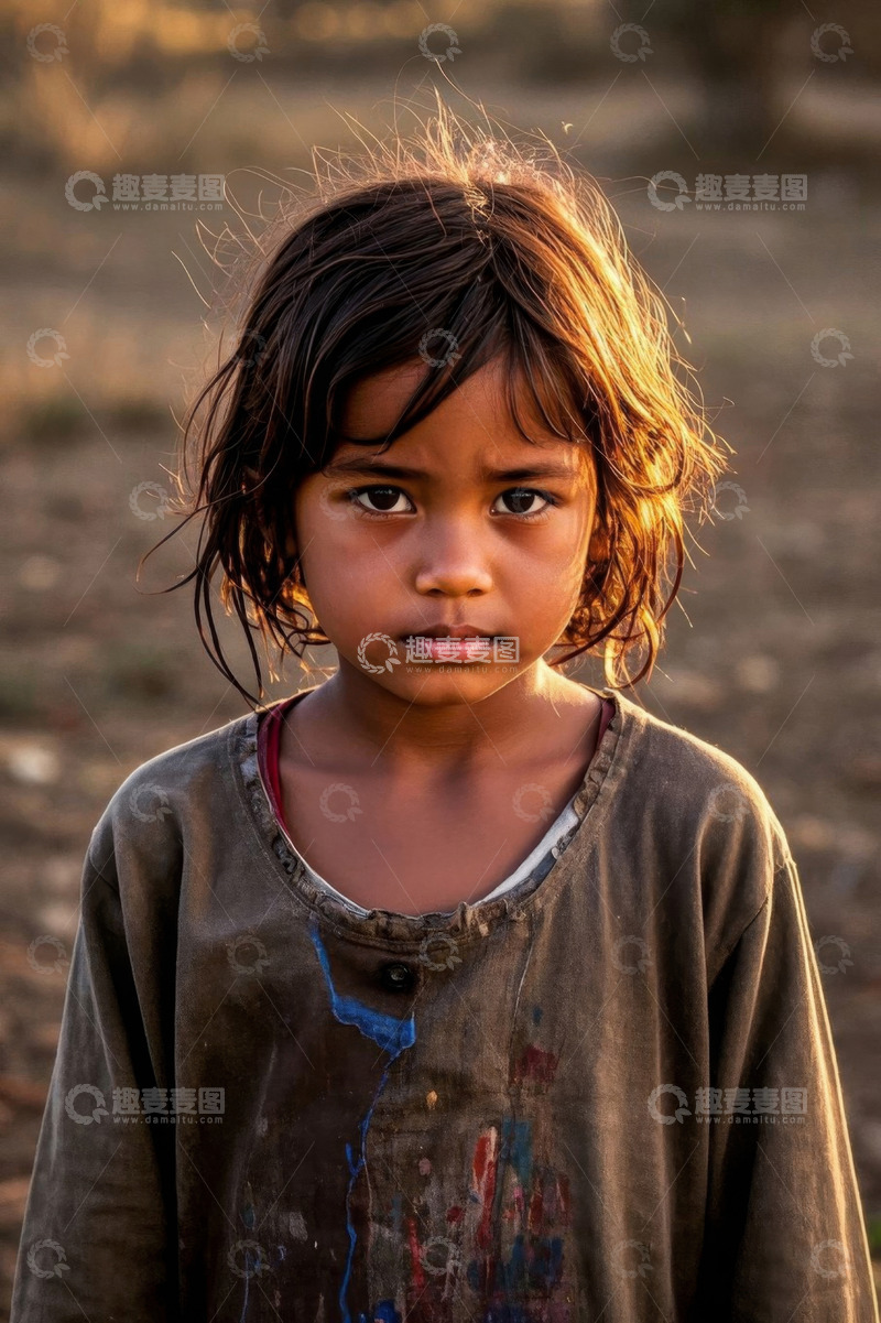 高清大图下载【趣麦麦图】夕阳下眼神坚毅的小女孩