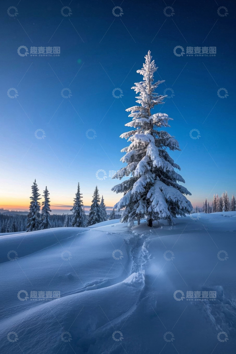 高清大图下载【趣麦麦图】雪地中积雪覆盖的松树风景