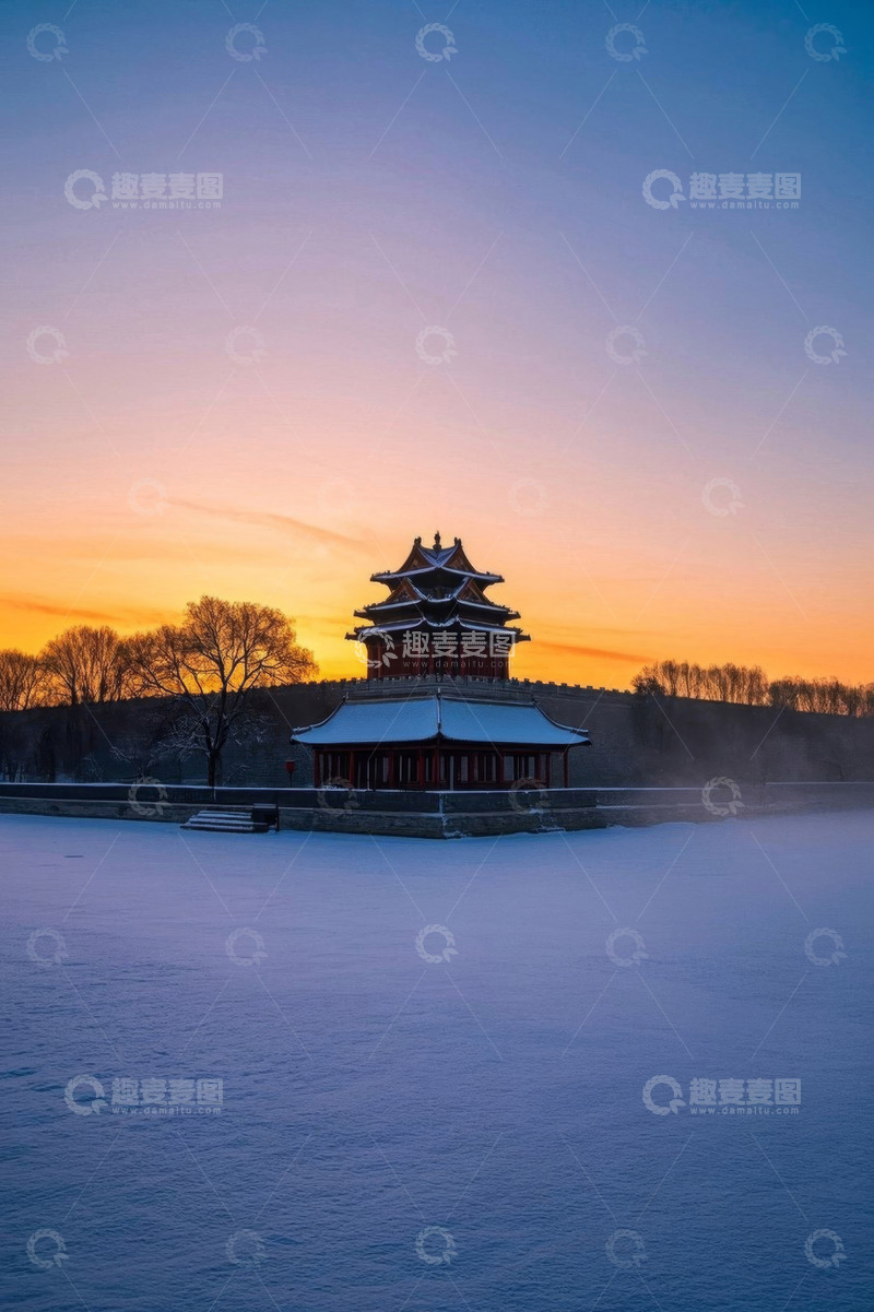高清大图下载【趣麦麦图】雪后故宫角楼日出景象