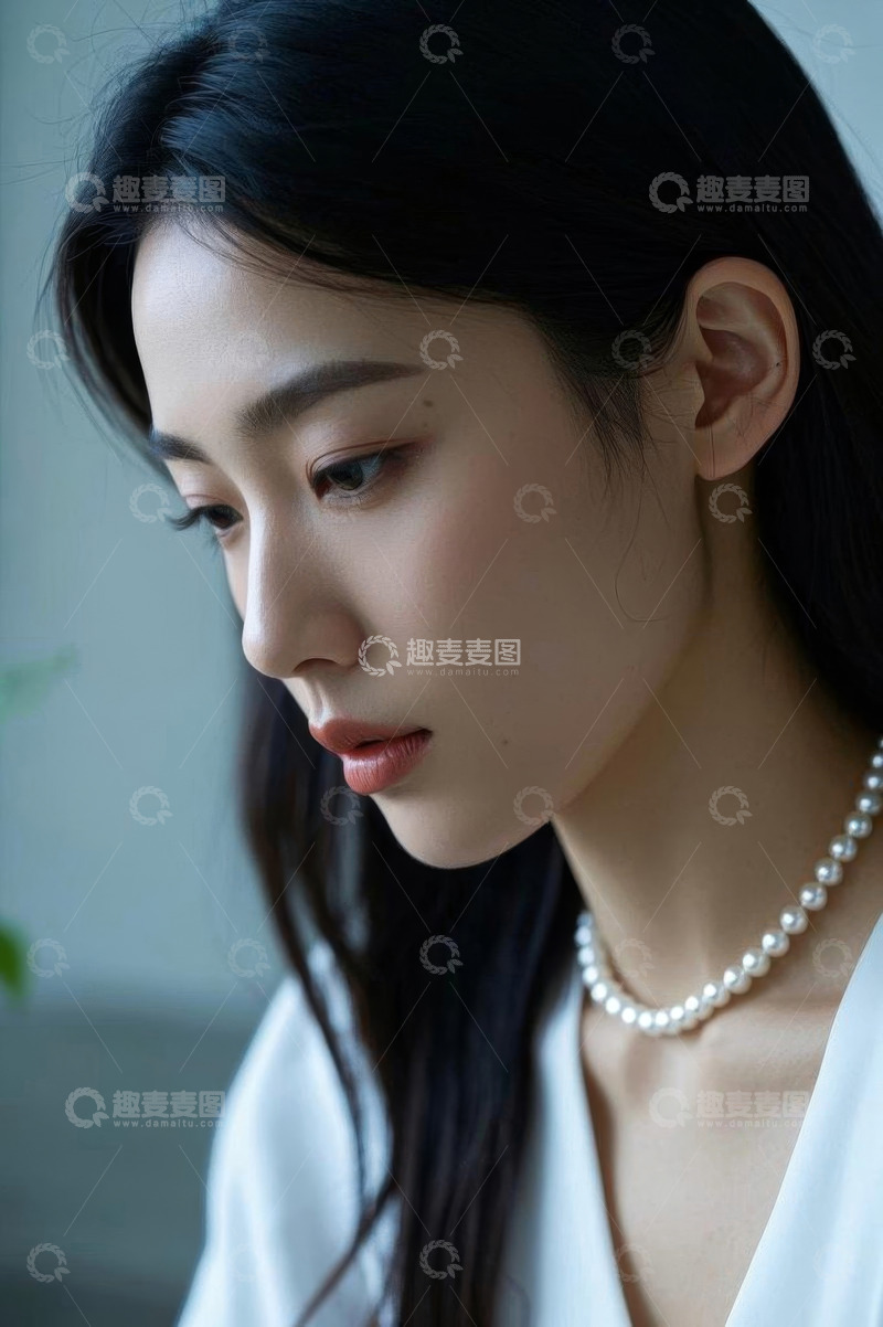 高清大图下载【趣麦麦图】佩戴珍珠项链的女性侧脸