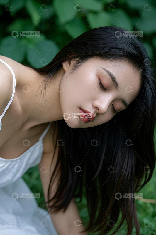 户外闭眼休憩的白衣女子