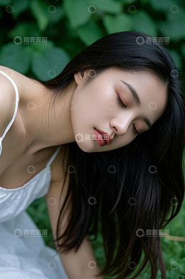 户外闭眼休憩的白衣女子