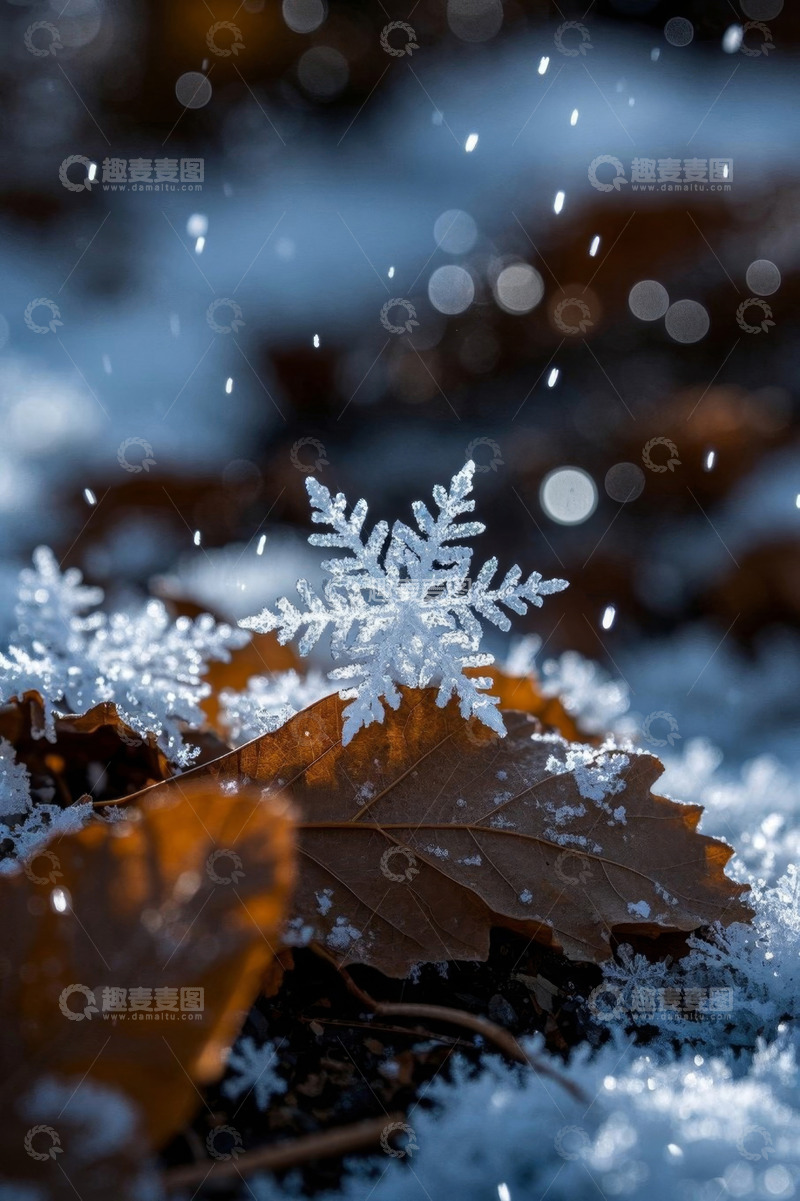 高清大图下载【趣麦麦图】雪花落在枯叶上的自然景象