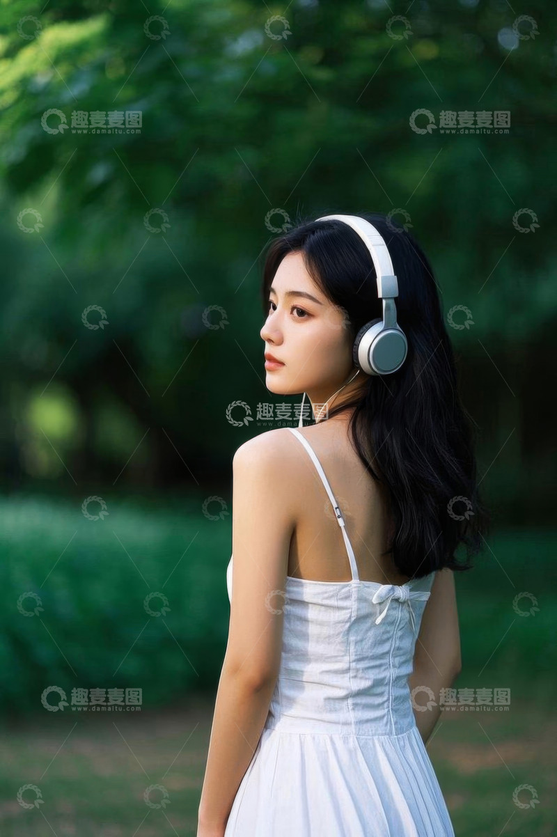 高清大图下载【趣麦麦图】户外戴耳机的白衣女子