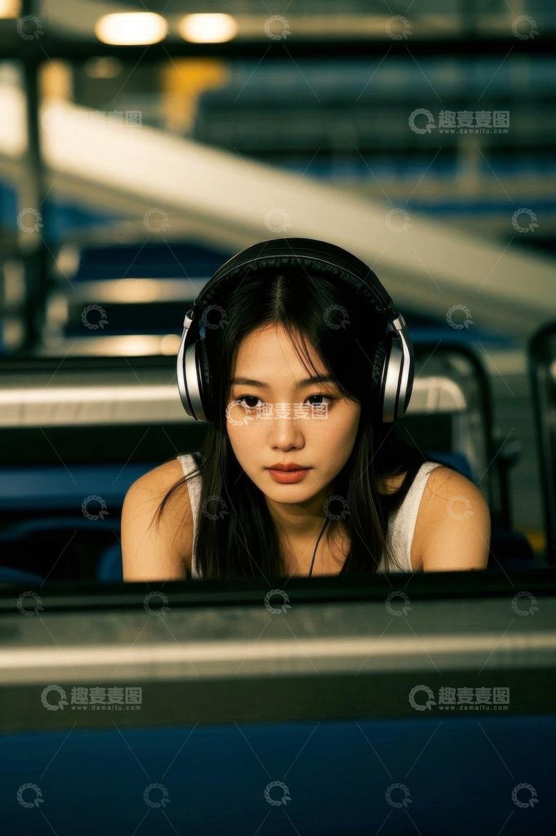 高清大图下载【趣麦麦图】戴耳机的亚洲女性在公共交通上