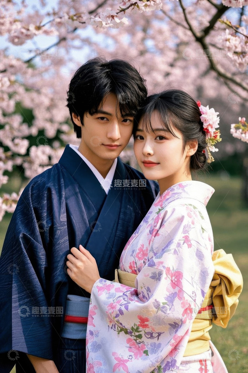 高清大图下载【趣麦麦图】樱花树下穿着和服的情侣