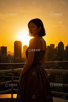 夕阳下城市天台的女性背影