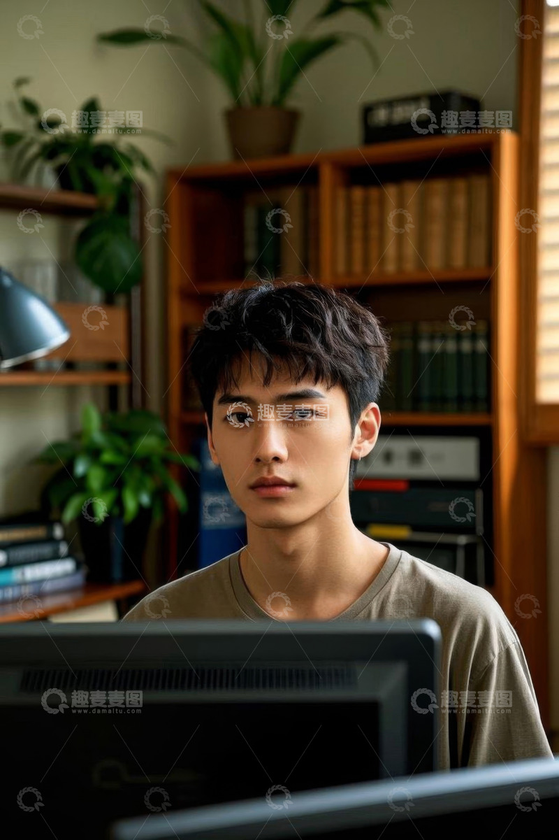 高清大图下载【趣麦麦图】室内专注使用电脑的年轻男性