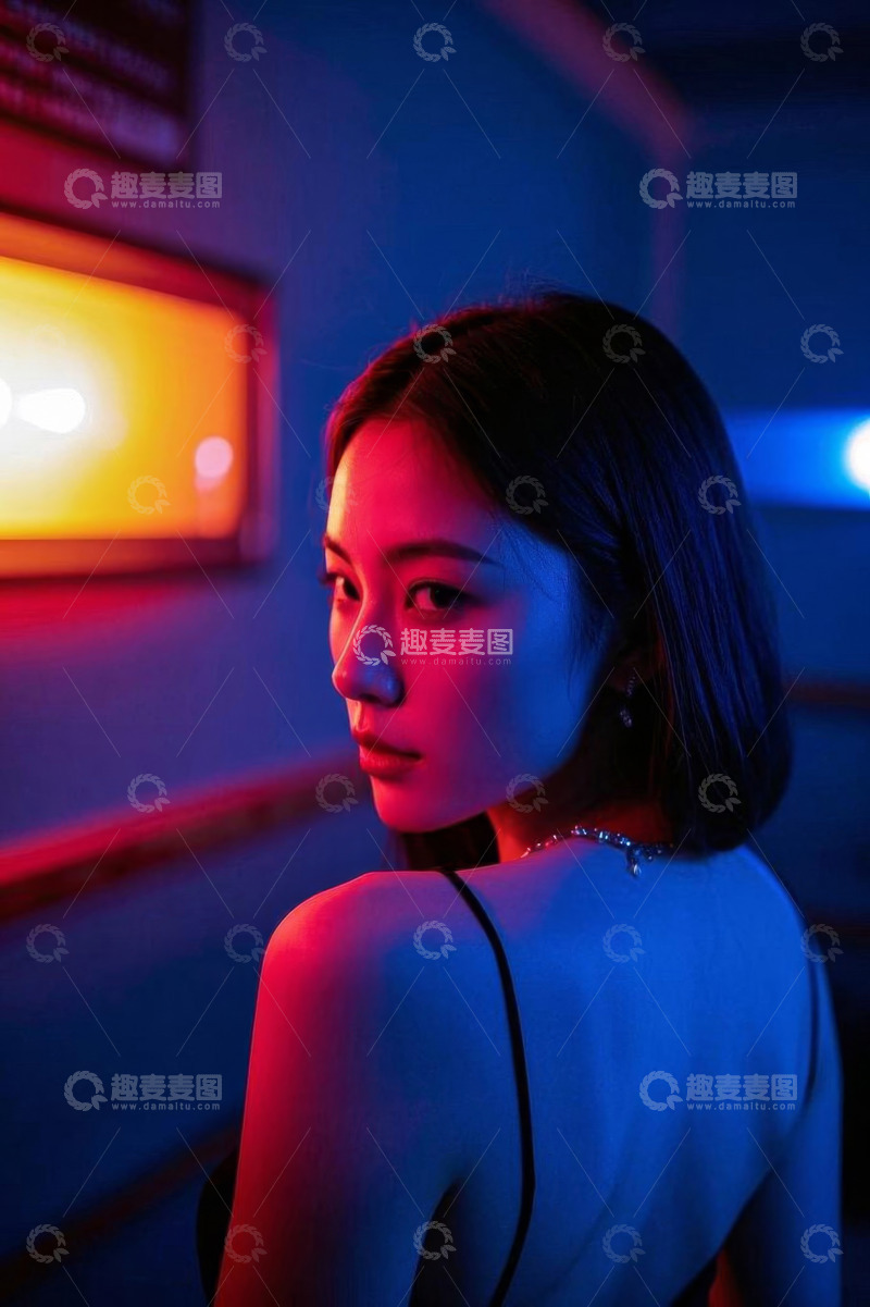 高清大图下载【趣麦麦图】霓虹灯下时尚女性肖像