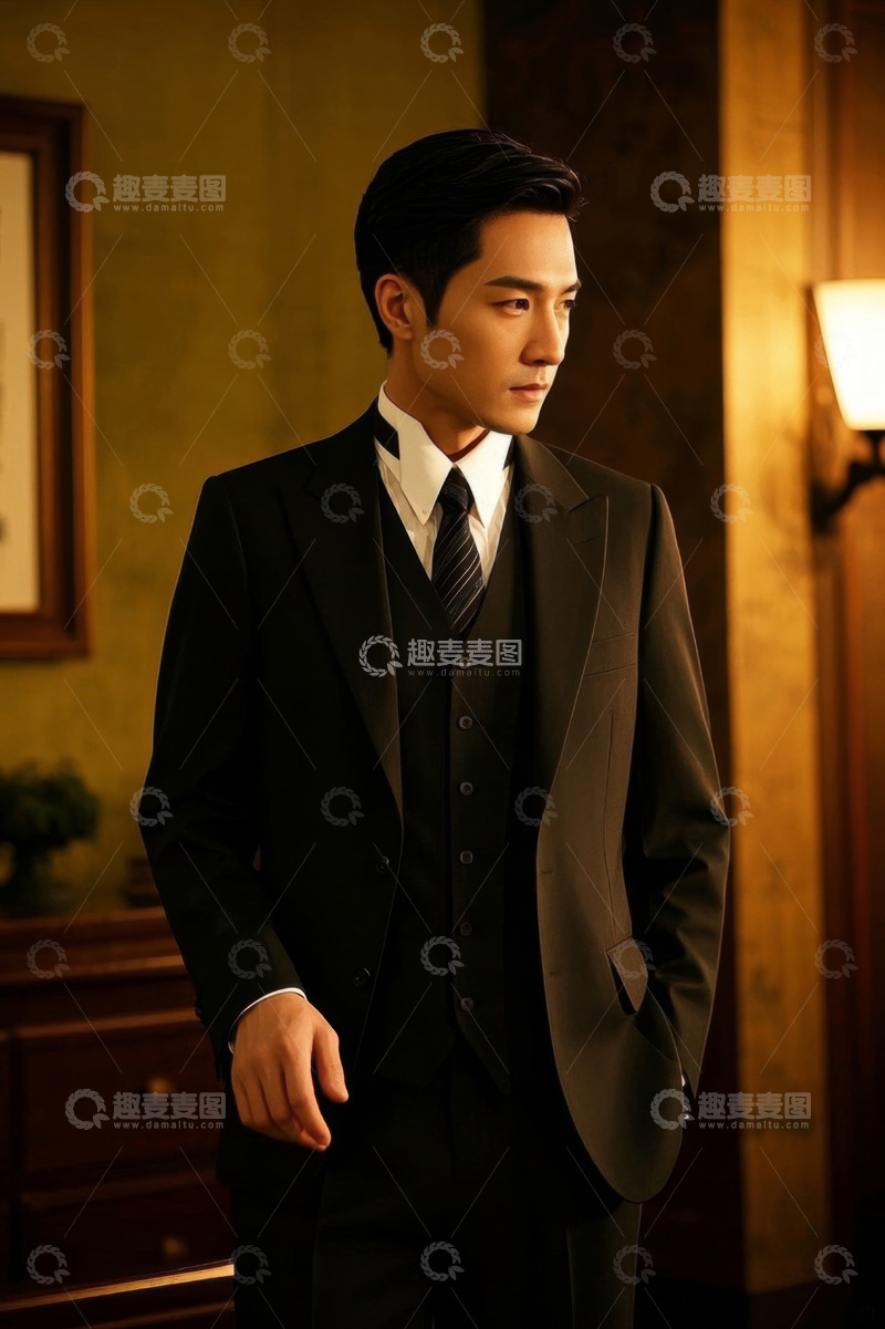 高清大图下载【趣麦麦图】身着西装男子侧身站立肖像
