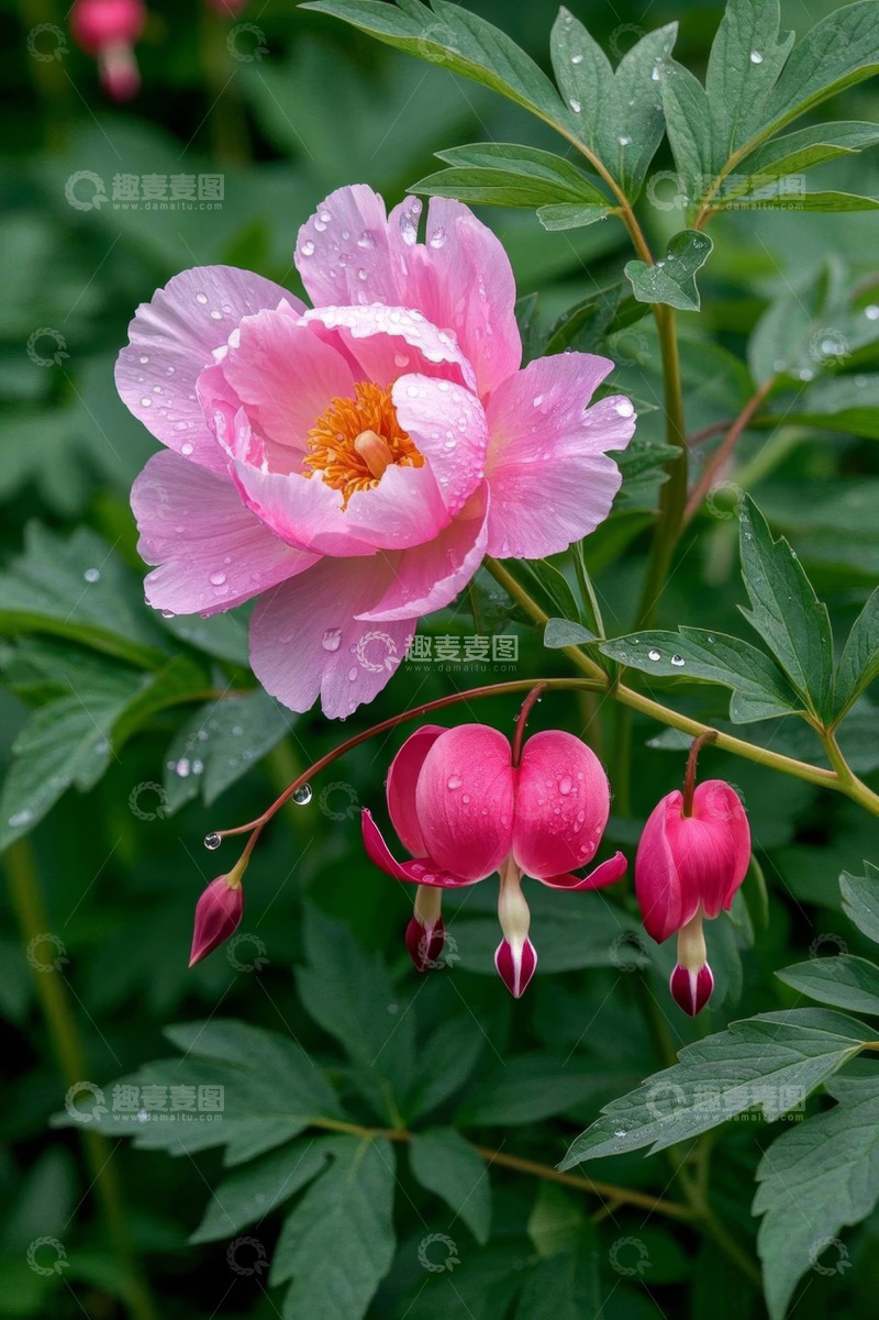 高清大图下载【趣麦麦图】带水珠的粉色牡丹与荷包牡丹